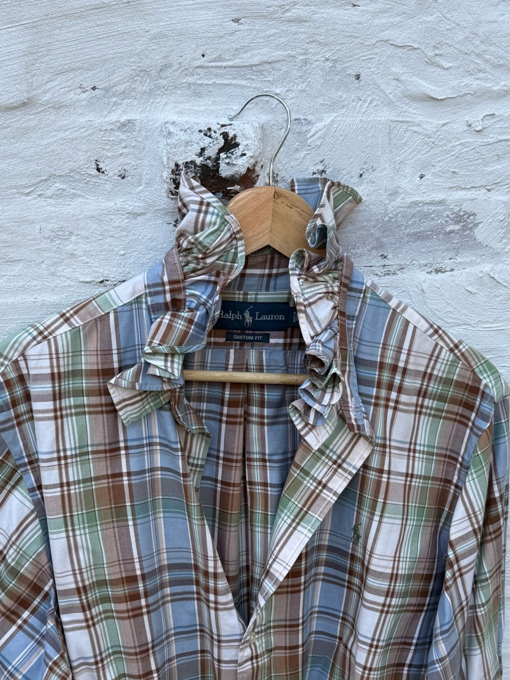 Ralph Lauren Plaid Ruffle-Collar Button-Down in Blue, Brown & Green